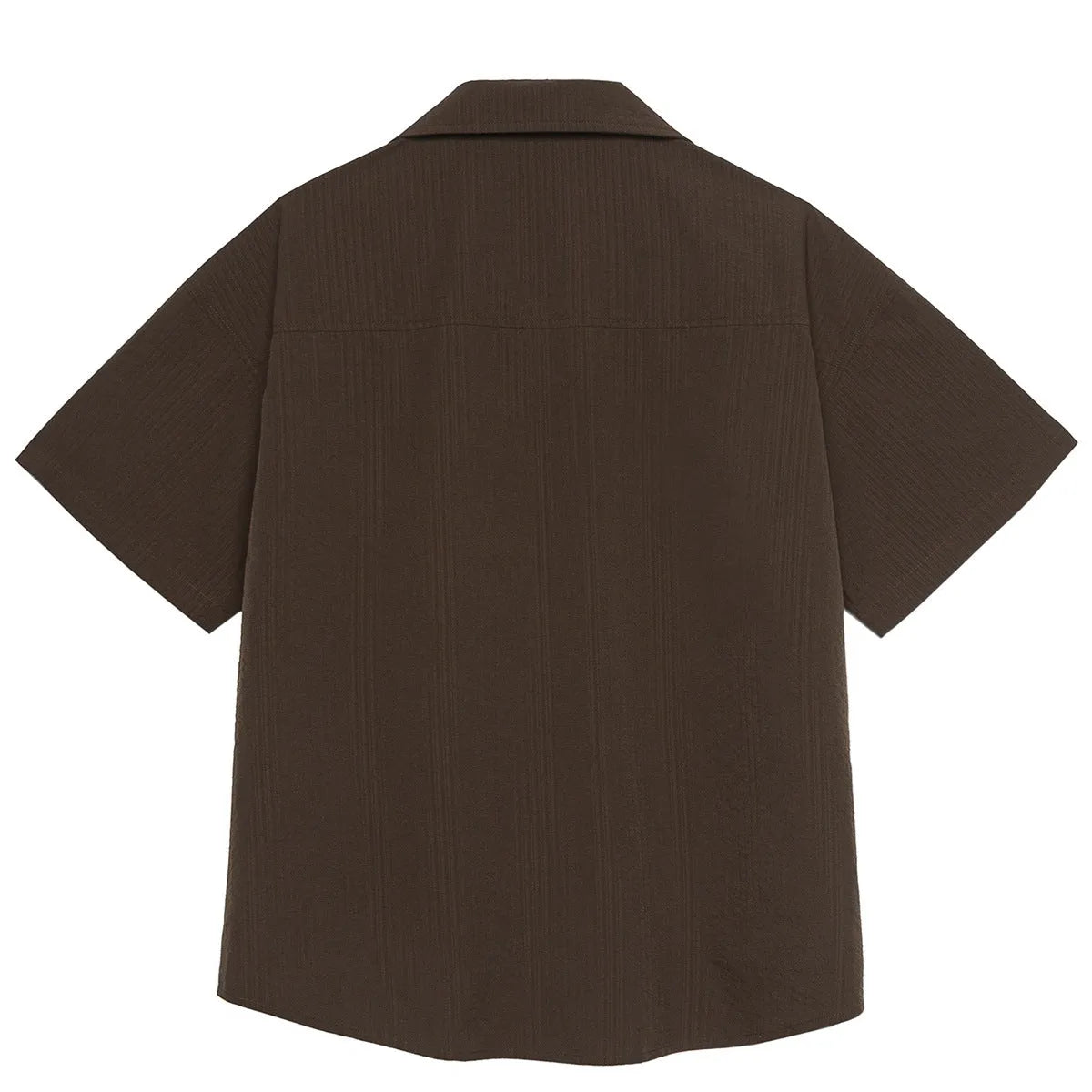 Brown striped men's short sleeve outdoor shirt with a Cuban collar on a hanger
