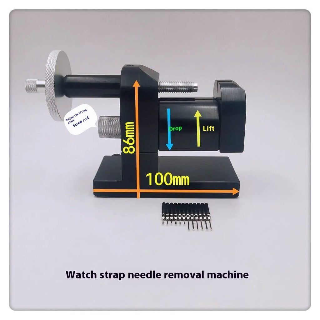 Alloy steel watch strap removal machine and tool set for professional watch repair.