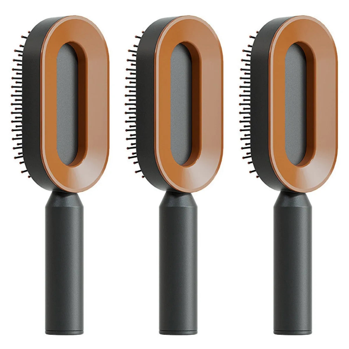 Self-cleaning air cushion hair brush in white, black gold, or black purple with ergonomic handle