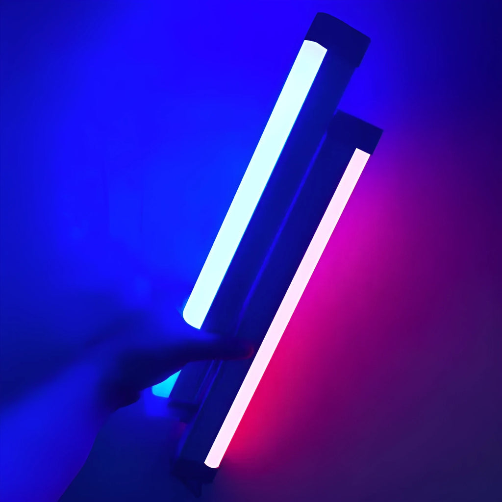 Blue and purple rechargeable LED tube light with dimmable switch in 17cm, 32cm, and 52cm sizes.
