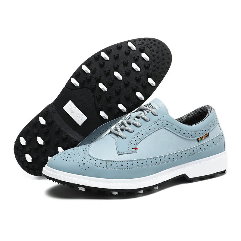 Men's golf shoes in genuine leather with non-slip rubber outsole in Lake Blue or White colour