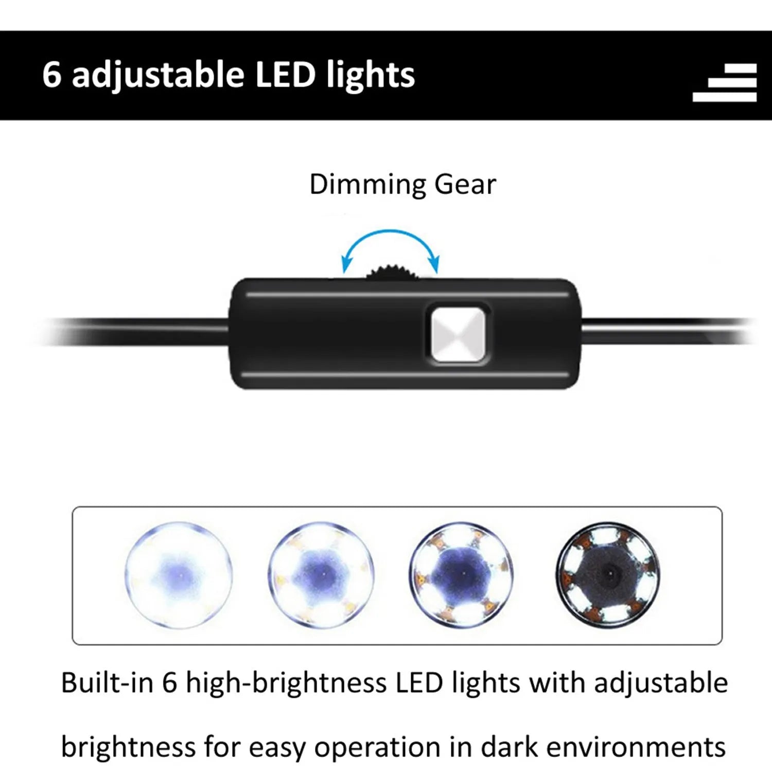 USB-C endoscope for Android phones with flexible cable, waterproof camera probe, hook, and magnet attachments on a table.