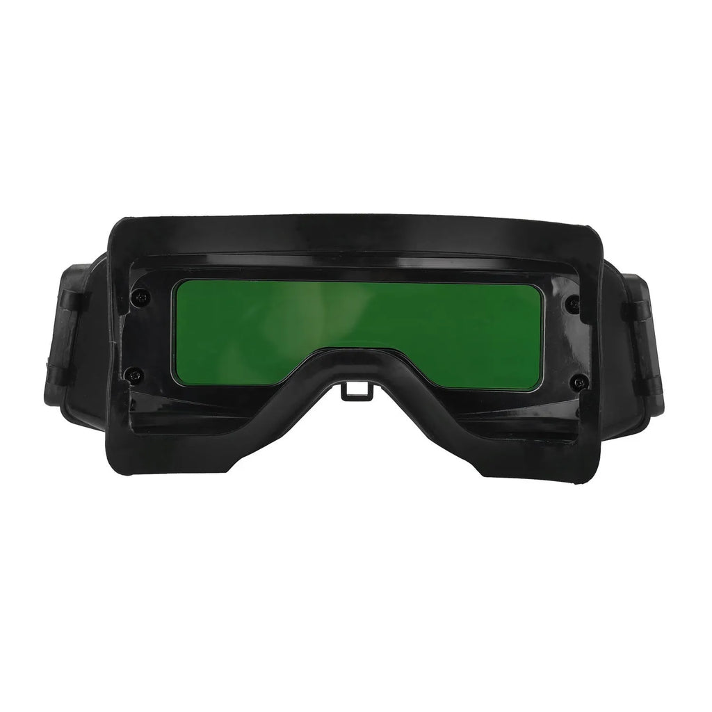 Black automatic darkening welding mask glasses with a large rectangular lens on a lightweight frame.