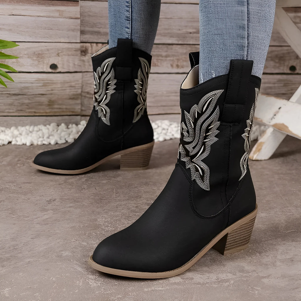 Women's V cut embroidered sleeve mid heel boots in suede, mid-calf length, rubber sole, Camel colour