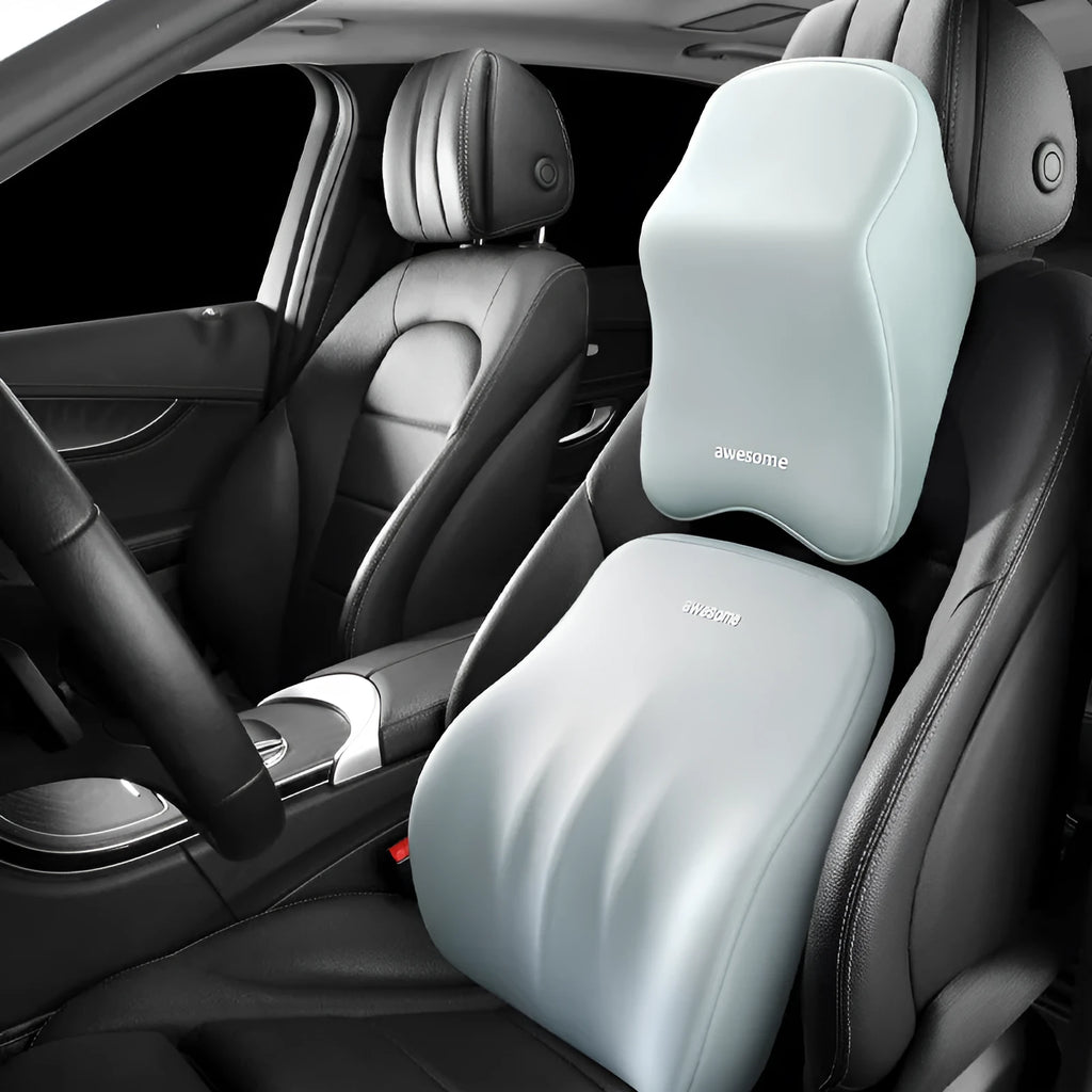 Geometric patterned memory foam car lumbar support pillow and matching headrest in grey.