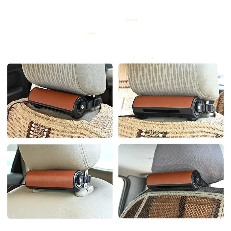 Bladeless car ventilation fan with USB connection and three speed settings in black, brown or red