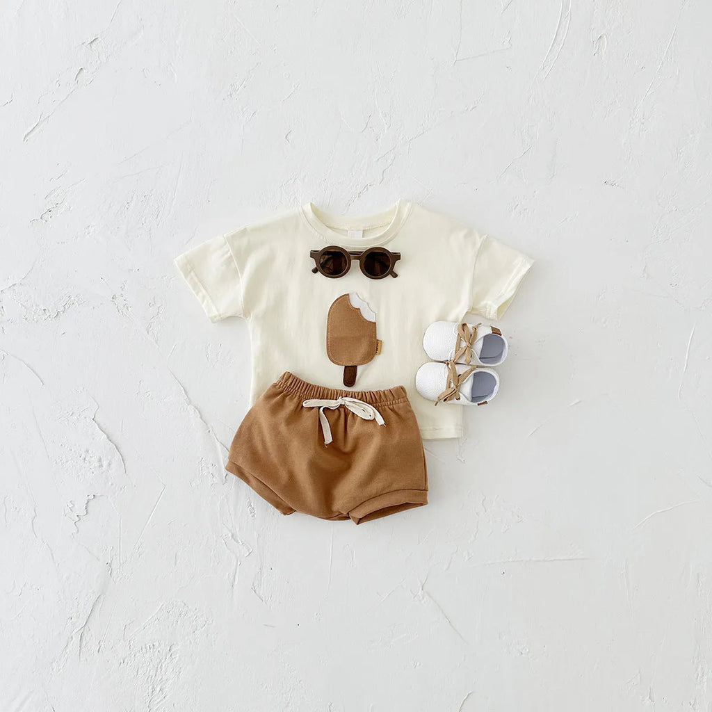 Girls' cotton shorts suit two-piece set with ice cream patch in apricot, olive or white colours