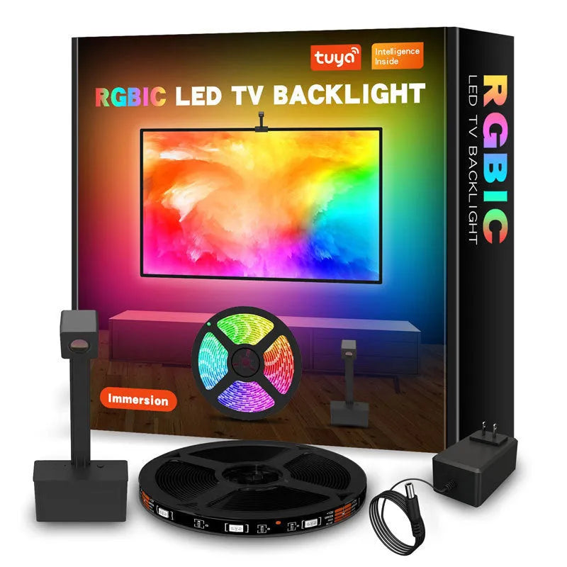 Black TV backlight strip with camera unit for screen colour synchronisation