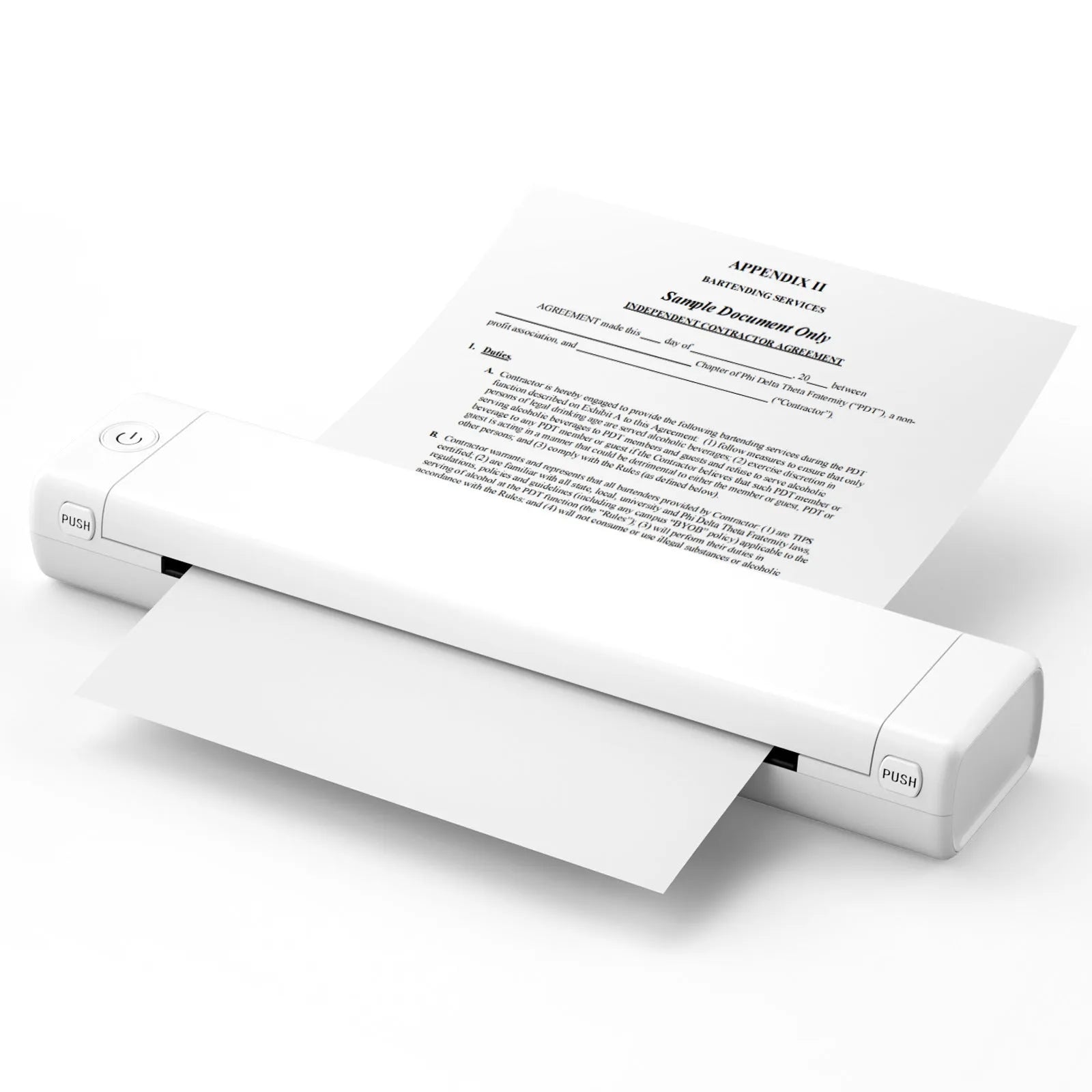 Phomemo M08F white A4 portable thermal printer with USB cable on a wooden desk