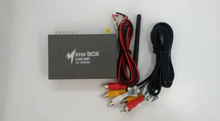 Black car mirror link box Wi-Fi converter with power cable, antenna, AV cable, and user manual for smartphone screen mirroring.