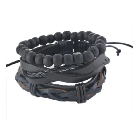 Adjustable leather wrap bracelet with wooden beads and multilayered rope design