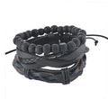 Adjustable leather wrap bracelet with wooden beads and multilayered rope design