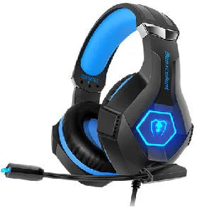Black gaming headset with luminous blue trim, 50mm drivers, microphone, and dual USB/3.5mm cable