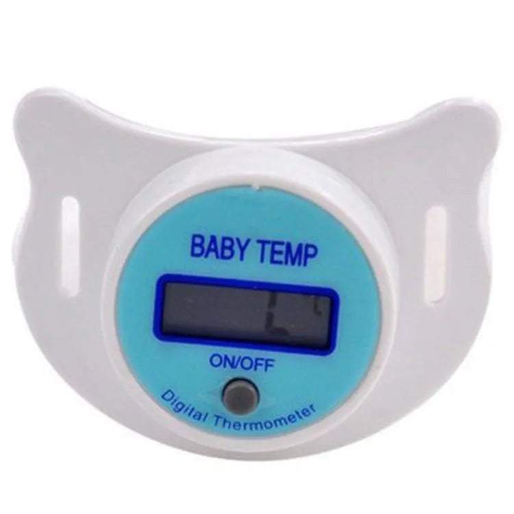 Blue and pink baby pacifier digital thermometer with digital display screen for infant temperature monitoring