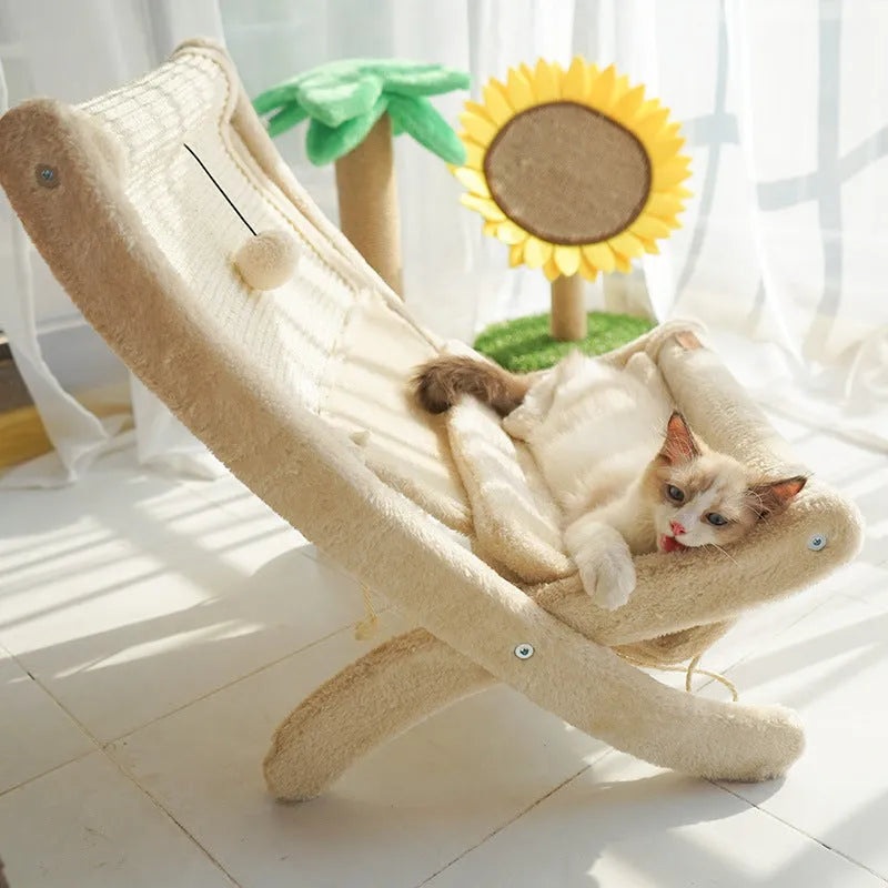 Beige or dark grey cat sofa bed sunbathing chair with back mat, sisal wood corrugated paper hemp rope reclining pet chair