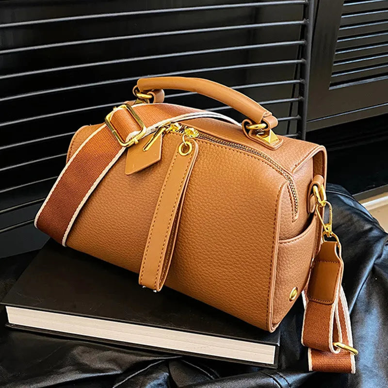 PU leather shoulder messenger bag in urban simple style with slit pocket and sewing thread detail