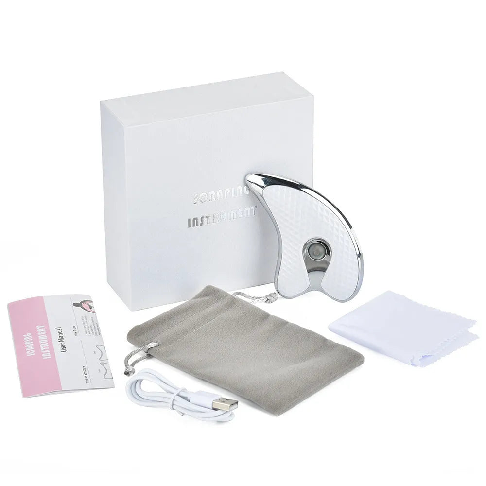 White rechargeable vibrating facial massager scraping board with ergonomic 360° surround design