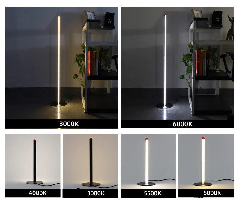 Tall, slim aluminium alloy vertical LED floor lamp standing beside a modern sofa.