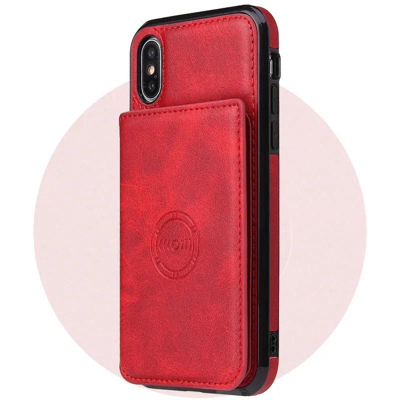 Imitation leather card wallet phone case for iPhone in various solid colours.