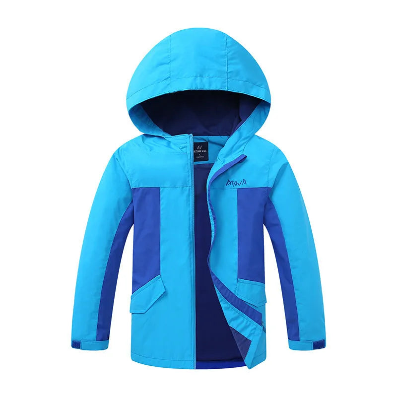 Blue boys' thin autumn jacket with long sleeves and a front zip, laid flat.