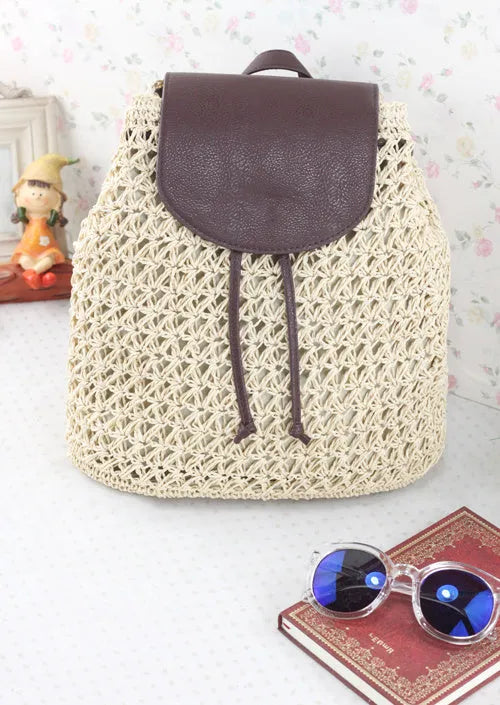 Khaki fashion straw bag cylindrical women's backpack with woven paper rope exterior and double straps