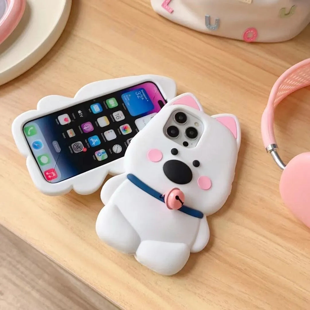 Pink silicone phone case with cartoon cute bell little white dog design for iPhone 12 13 14 15