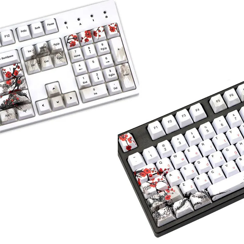 PBT keycap set with Wangjiang plum blossom design showing five-sided sublimation printing on OEM height keycaps