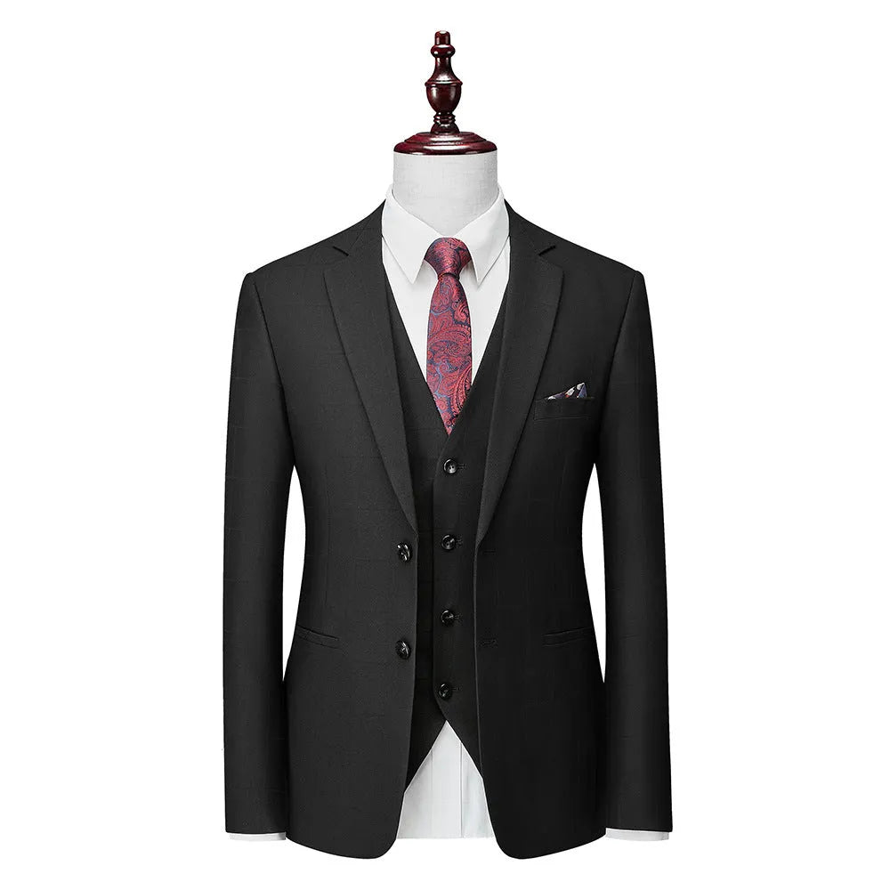 Men's slim fit plaid three-piece suit in navy blue with jacket, vest, and trousers