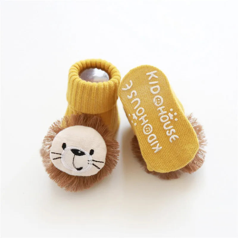 Cotton baby socks with non-slip soles in multiple designs including bows, stars, and animal prints.