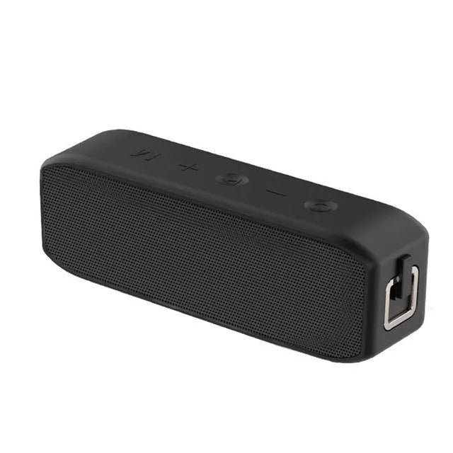 Black portable wireless Bluetooth speaker with waterproof construction and 20W output power