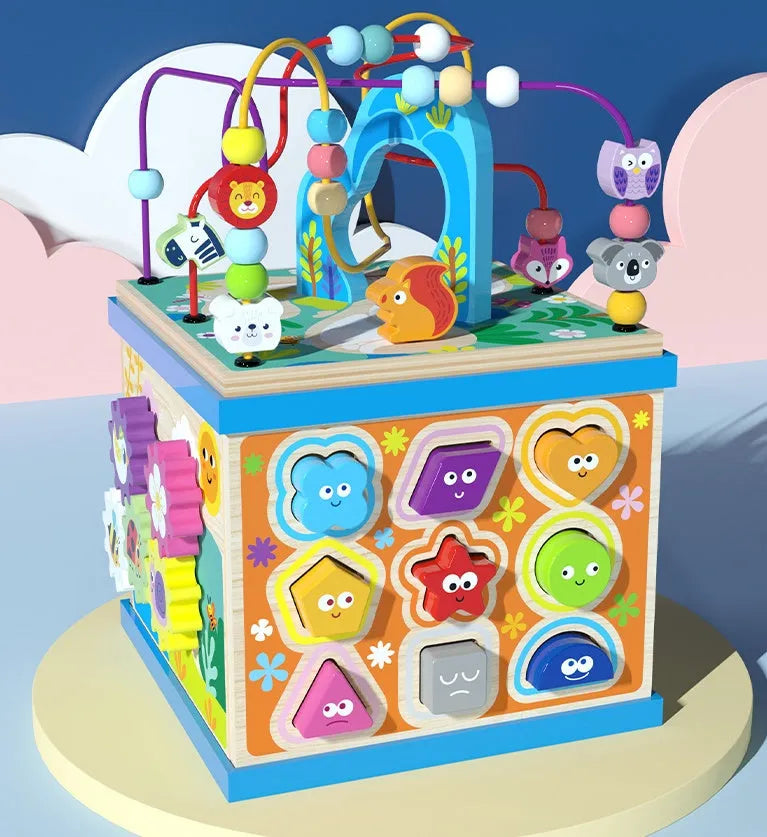 Blue wooden bead maze activity cube with multiple play scenes for toddlers