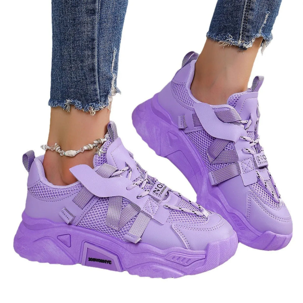 Women's purple platform mesh sports shoes with animal pattern and front lace-up design