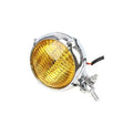 Black electroplated Harley-style halogen headlight unit with an 8 cm diameter glass lens.