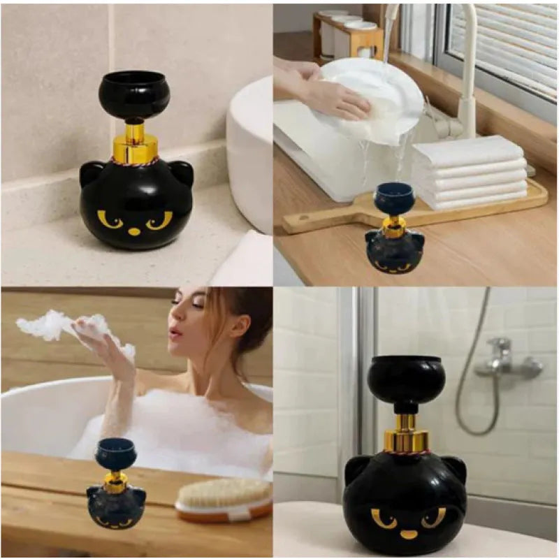Black plastic cartoon cat shaped foam soap dispenser on a bathroom countertop.