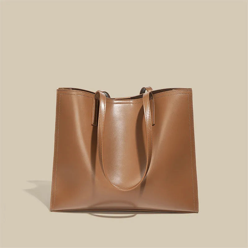 Brown genuine leather women's one-shoulder handbag with horizontal square shape