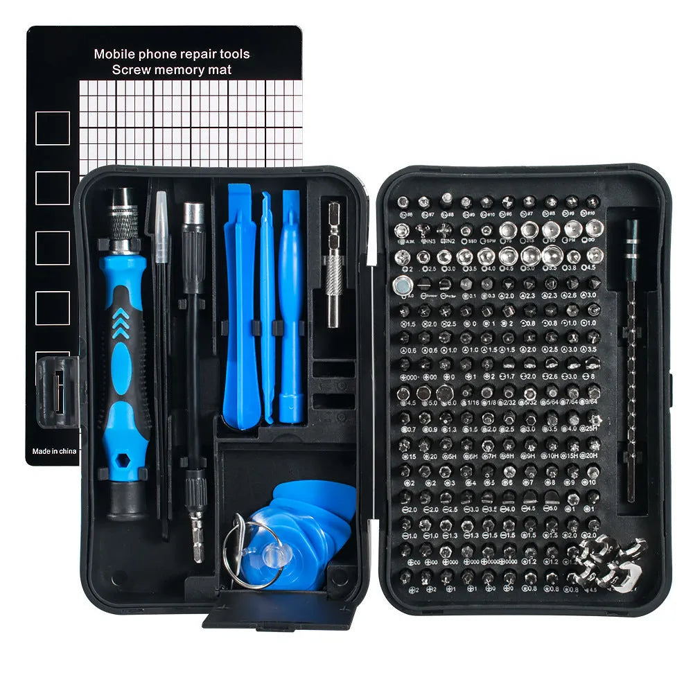 170-in-1 CRV steel screwdriver set with insulated nickel-plated blades, 4mm cutter head, and 28mm cutter bar, shown in black and blue.