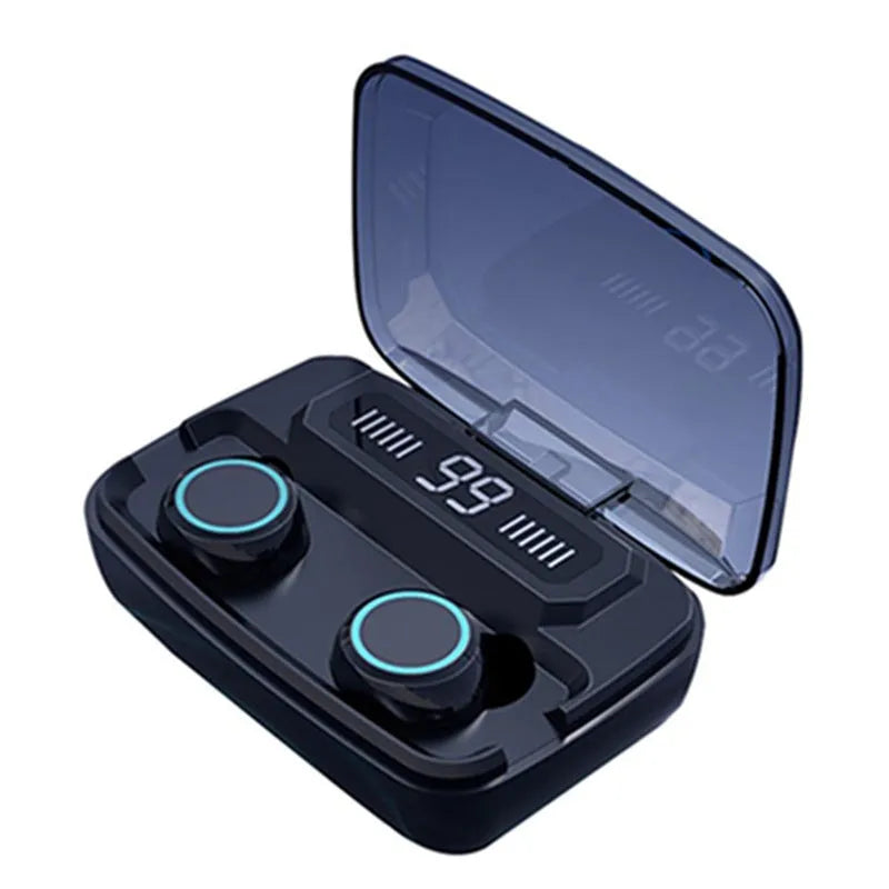 M11 5.0 Bluetooth headset in black with IPX7 waterproof rating and 1200mAh charging case