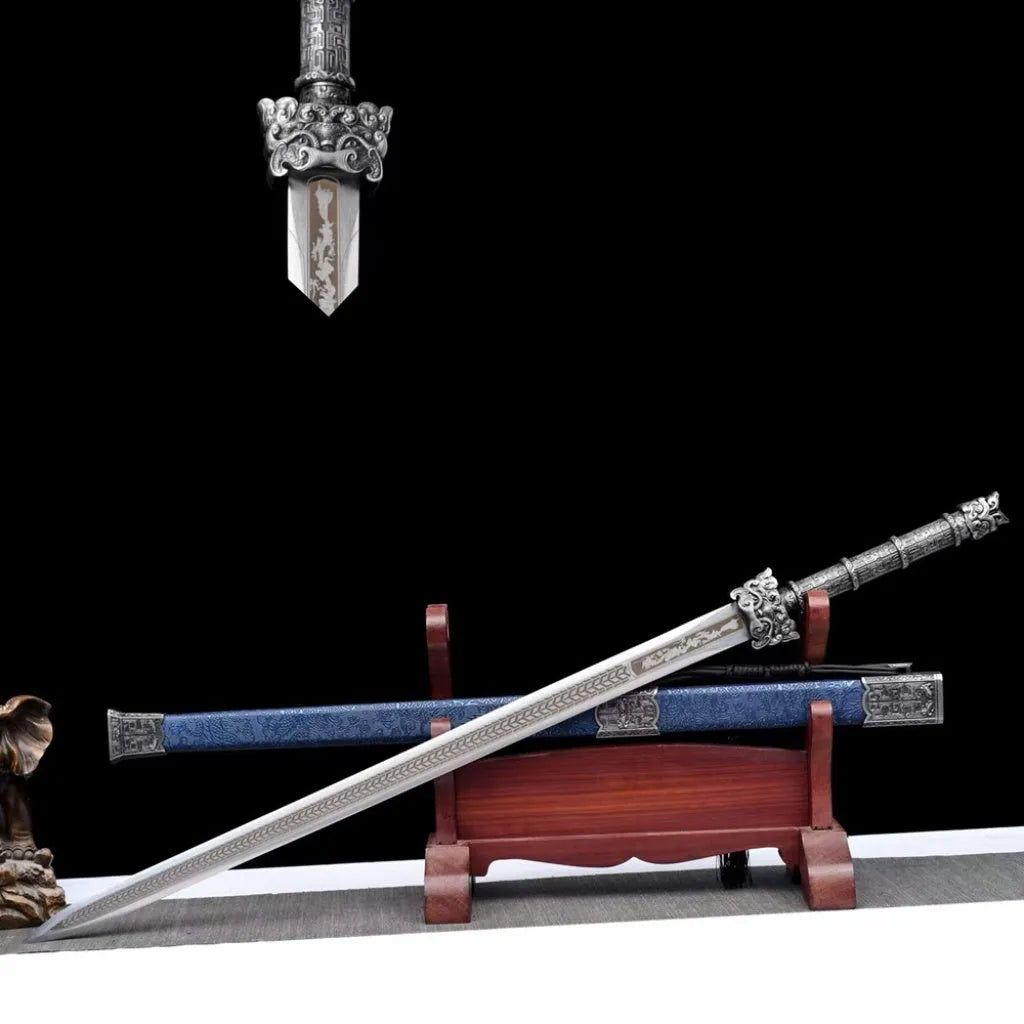 Ancient-style Tang sword with 73cm unsharpened high manganese steel blade, solid wood scabbard with leather covering
