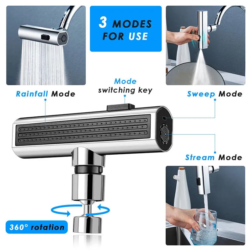 Kitchen faucet waterfall outlet connector with rotating bubbler and electroplated finish