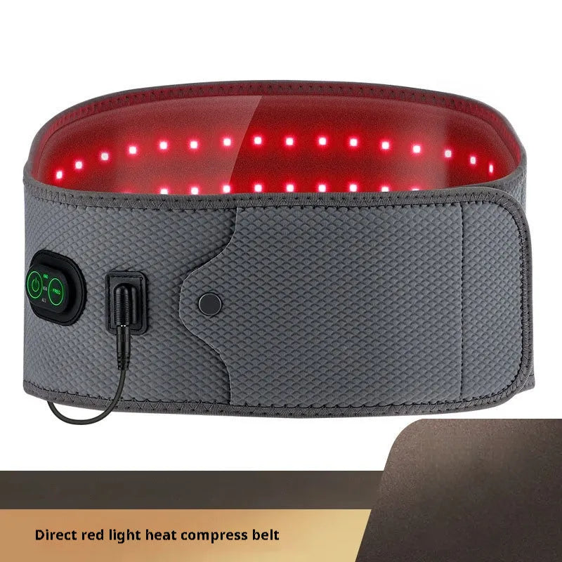 Grey neoprene electric waist therapy belt with red light beads and multiple plug types