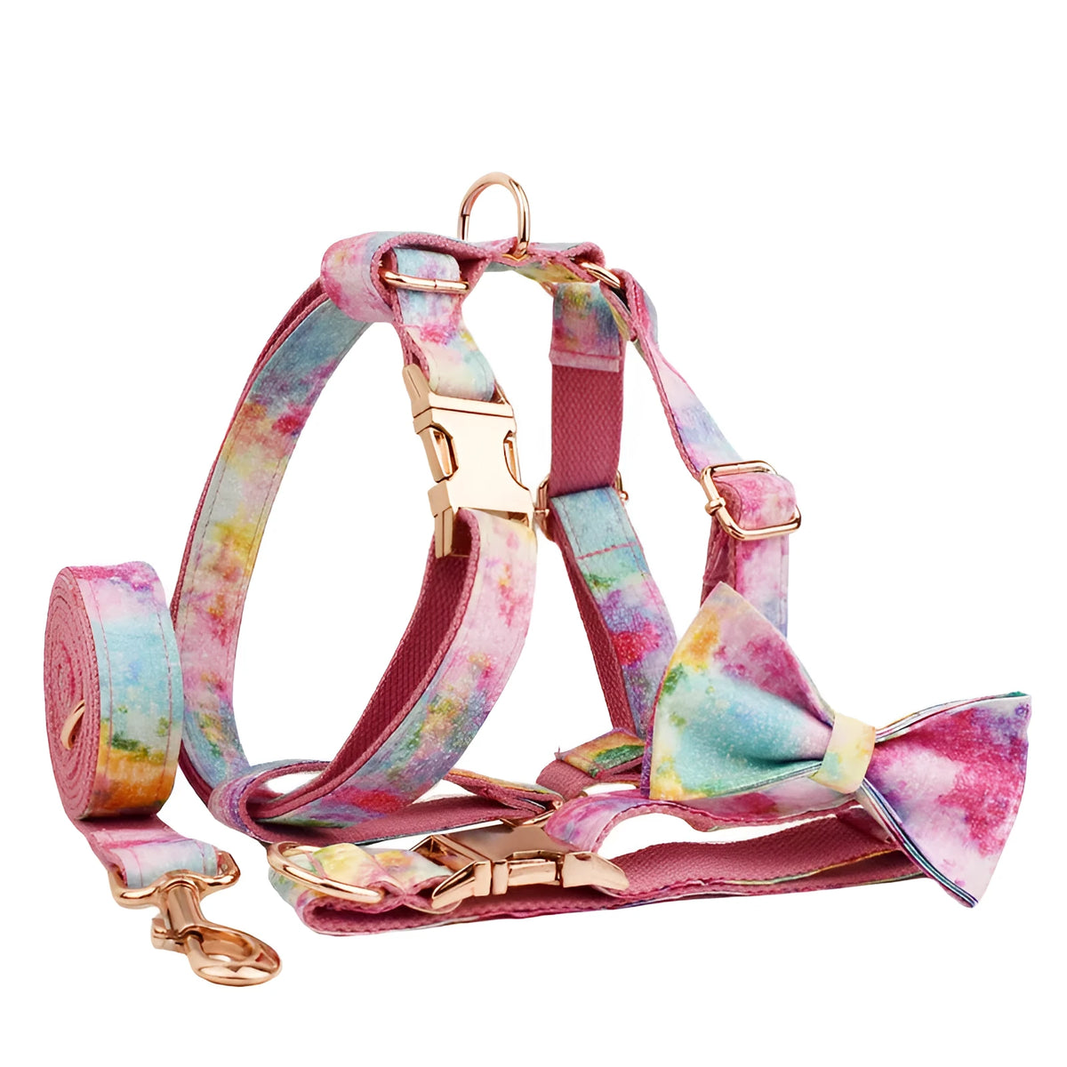 Bronzing cloth dog collar leash vest and bow set for walking on grass