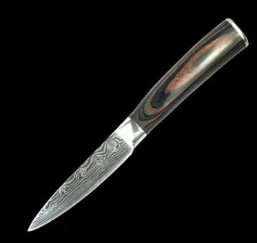 Kitchen knife set with Damascus pattern blades and coloured wood handles on display