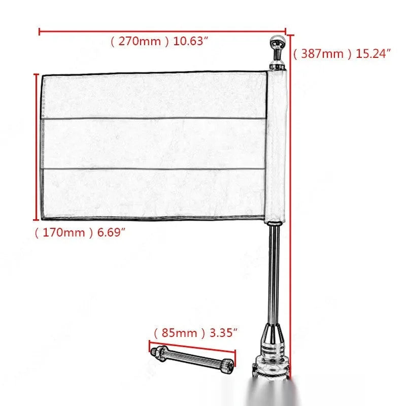 Black and silver chrome vehicle tail box flagpole for mounting on bumpers or luggage racks.