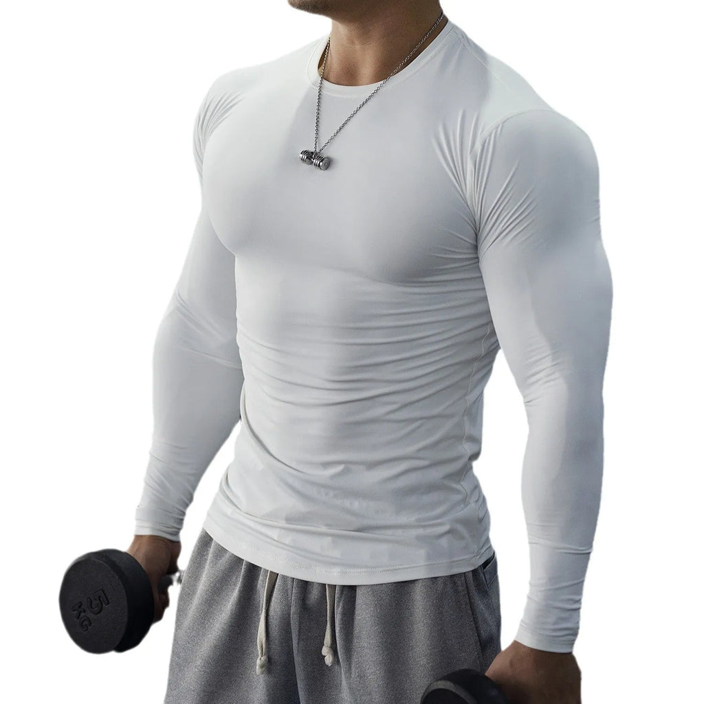 Men's black fitness tights with long sleeves and slim fit for running and gym workouts