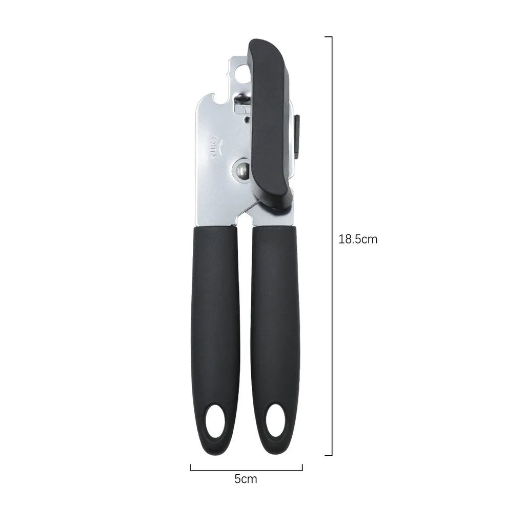 Black PP and iron plating can opener and bottle opener 18.5 x 5 cm on white background