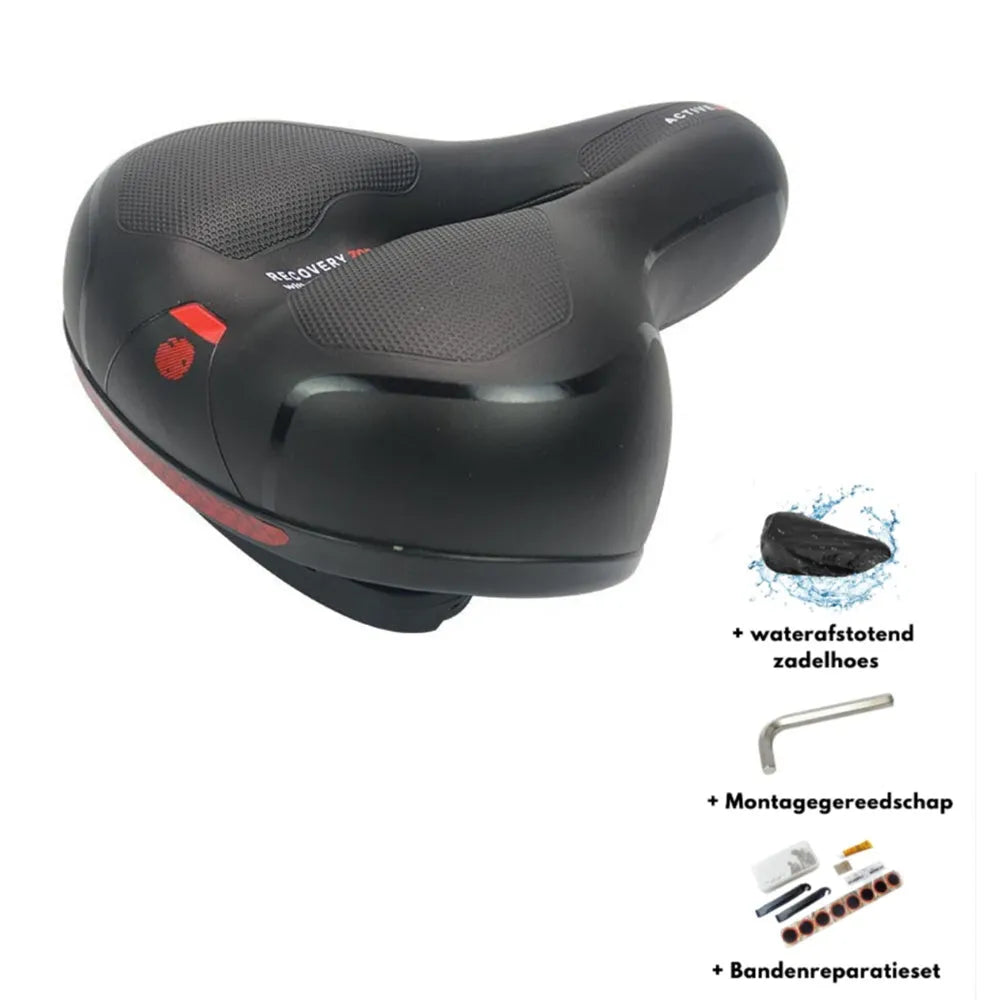 Thickened soft silicone bicycle saddle cushion with PU leather cover, shown with a waterproof cover and repair tools.