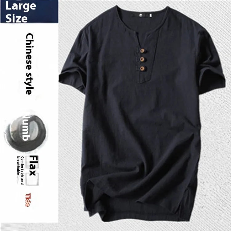 Men's loose cotton linen blend T-shirt in grey shown on model