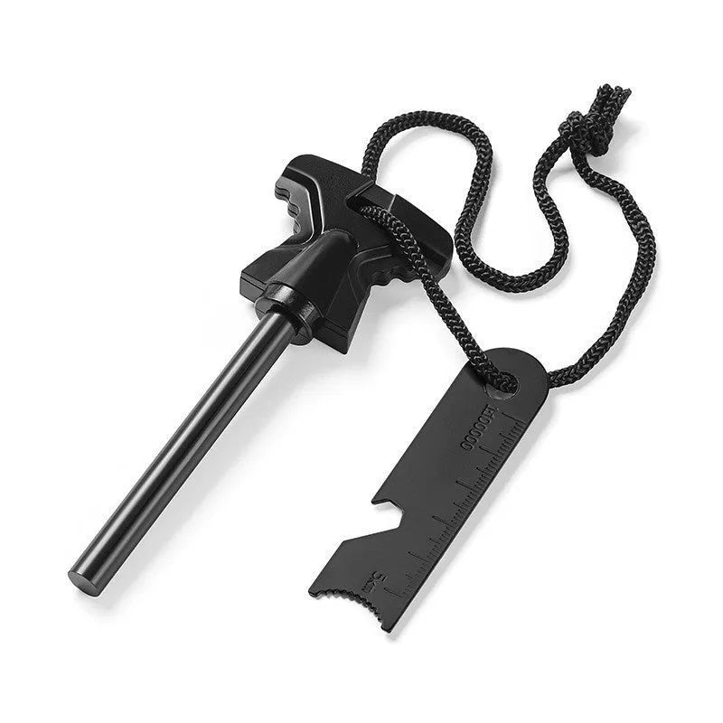 Butterfly-shaped stainless steel fire starter tool with integrated bottle opener.