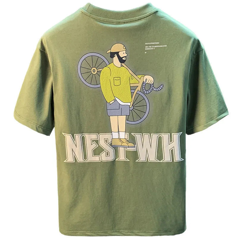Green loose fit men's T-shirt with a trendy literary print on the front.