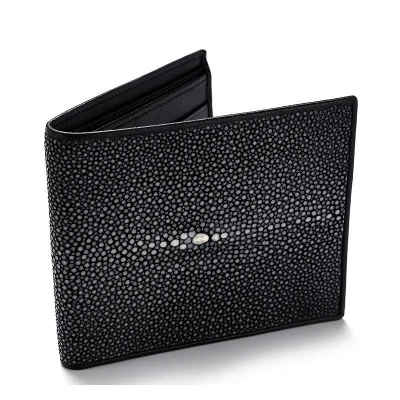 Genuine pearl fishskin leather wallet with horizontal square shape and visible sewing thread detailing